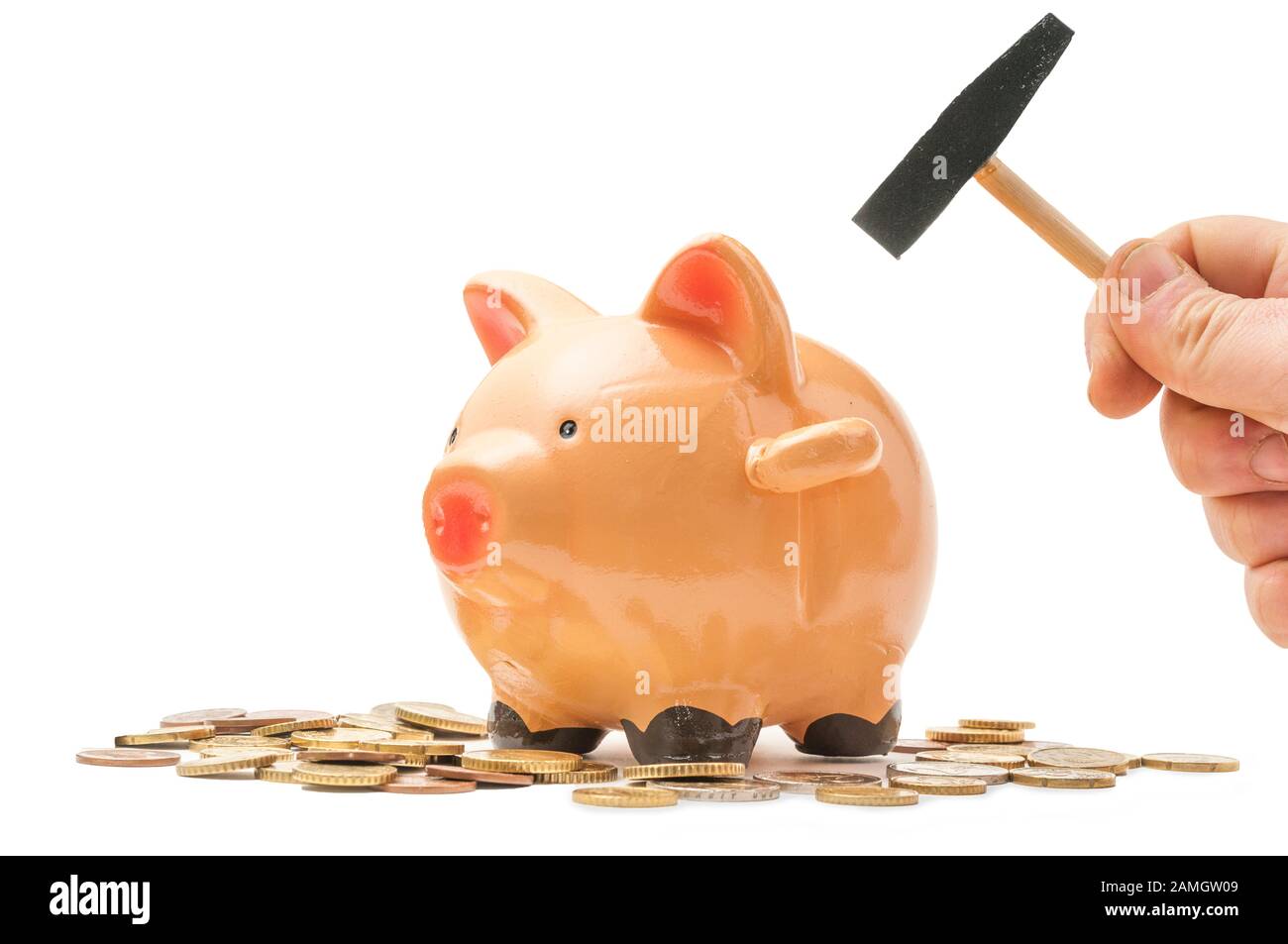 Man piggy bank hammer hi-res stock photography and images - Alamy