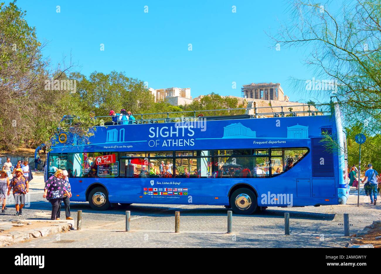 Athens, Greece  - September 21, 2019: Hop On Hop Off Bus  near Acropolis in Athens city (Blue route) Stock Photo