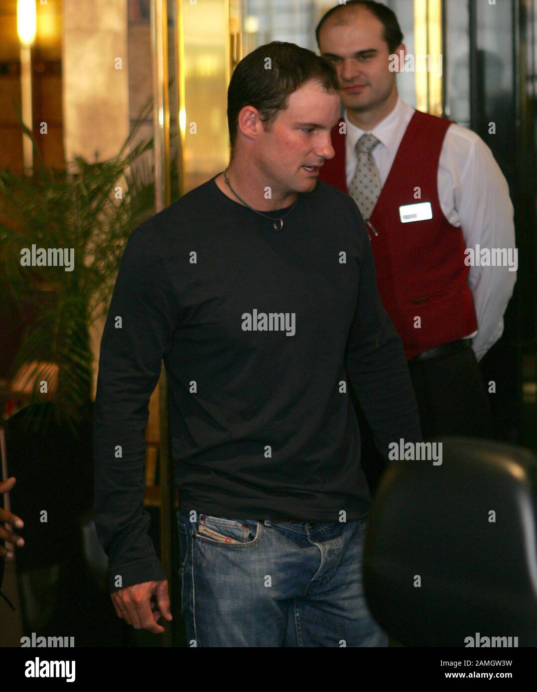 Captain Andrew Strauss leaving the team hotel with other members of the ...