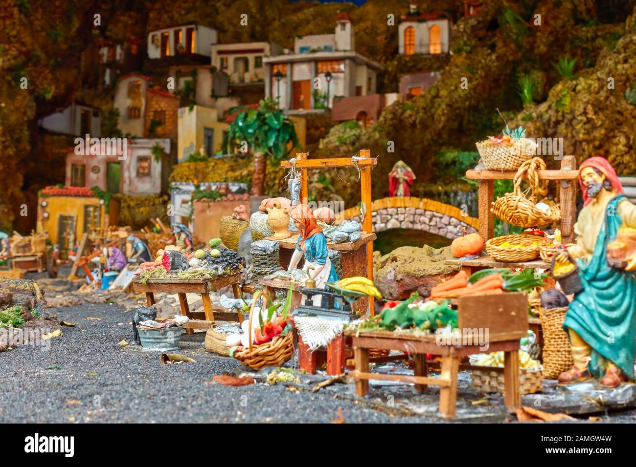 Candelaria, Tenerife, Spain - December 12, 2019: Detail of Christmas Belen -  Statuettes of people and houses in miniature depicting life of old town Stock Photo