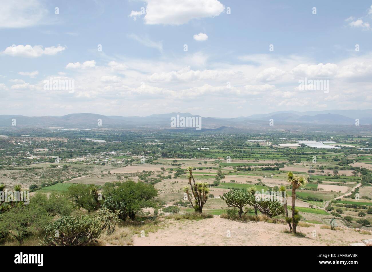 View from the Pahñu archeological site, in Hidalgo, Mexico; semi desert landscape Stock Photo
