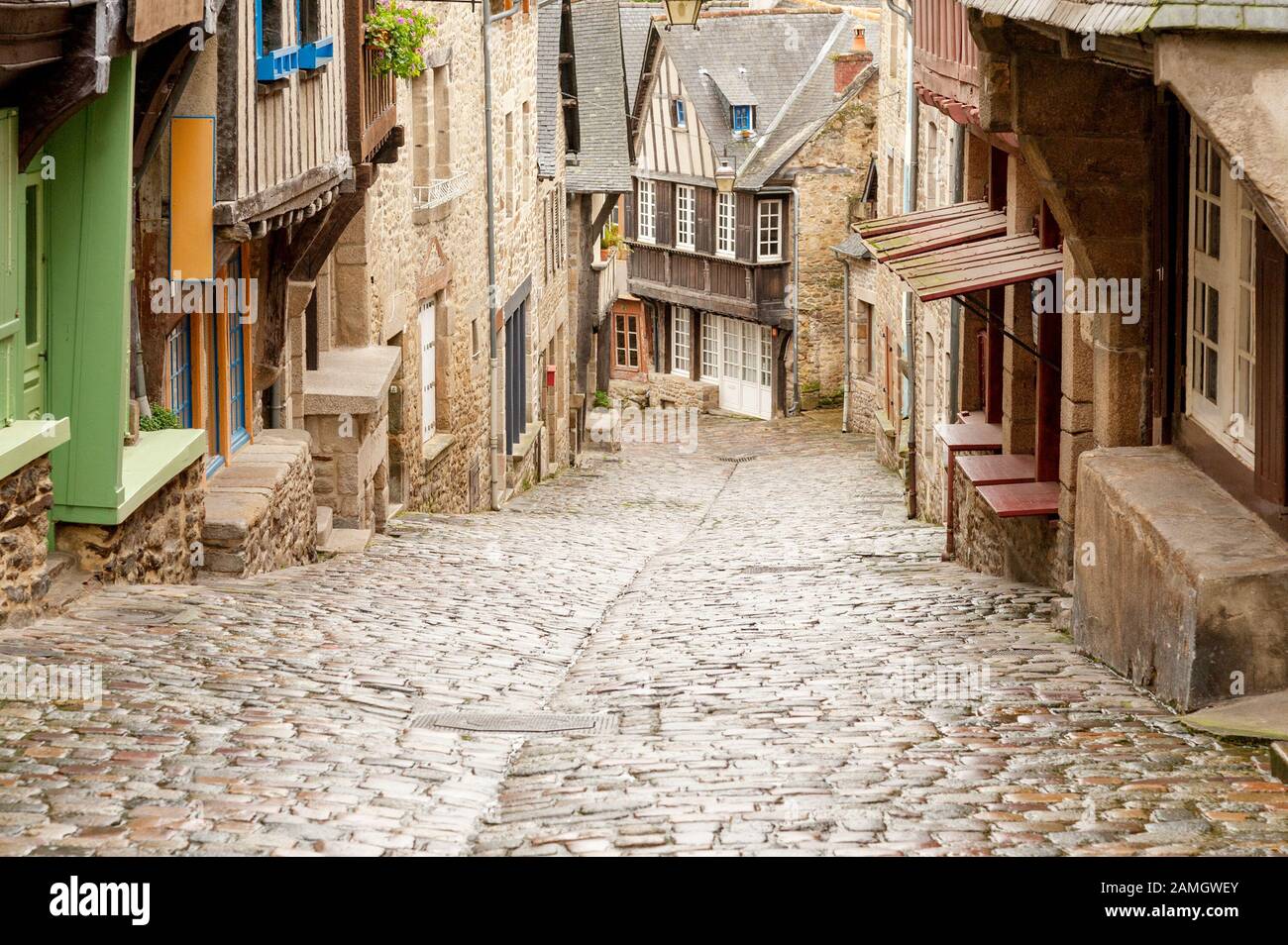 Medieval cobblestone Rue du Jerzual street with timberframed houses