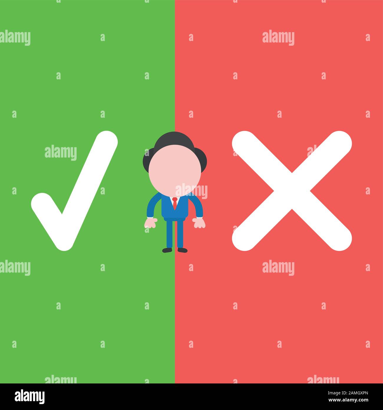 Vector illustration of faceless businessman character with check mark and x mark on green and red background. Stock Vector