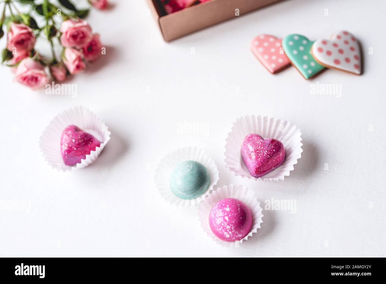 Gift set with hand made sweets in a box on a white table. Stock Photo