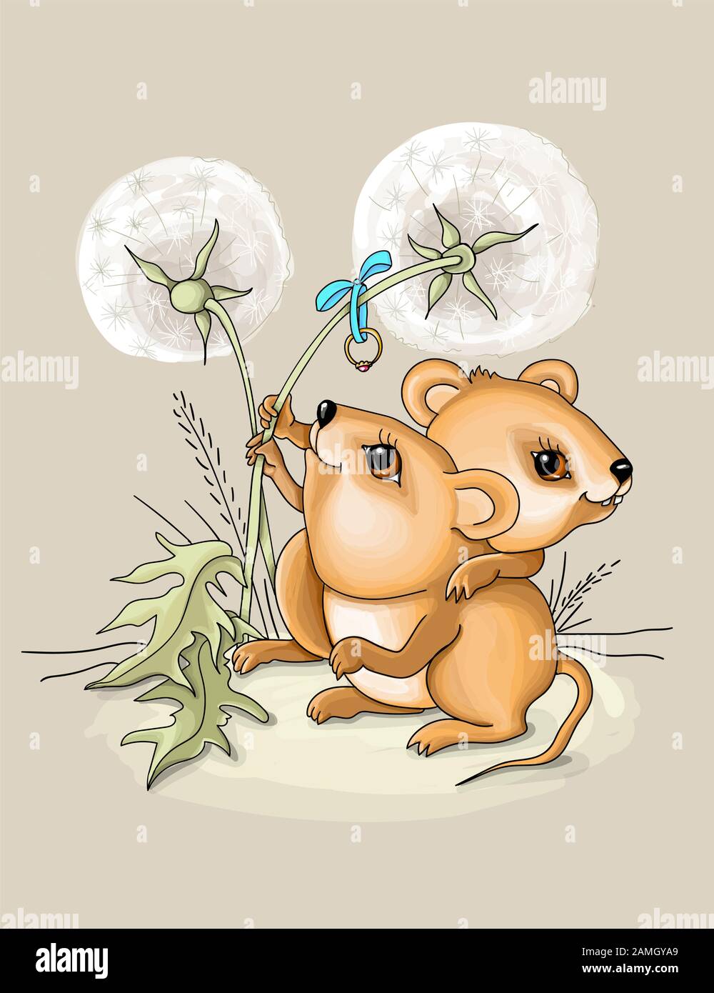 vector illustration little mouse boy gives engagement ring to little