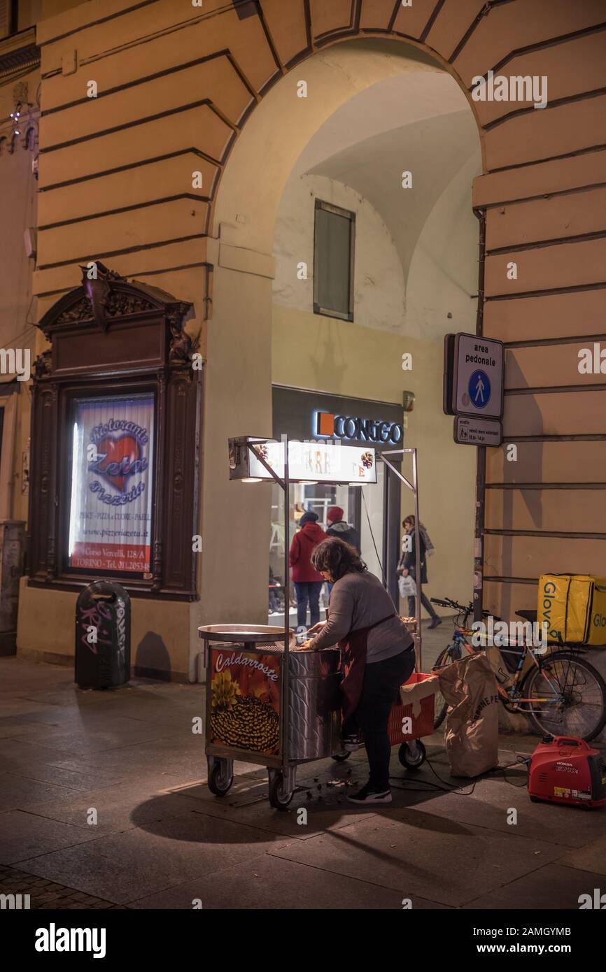 Chestnut market booth in city centre of Turin Stock Photo