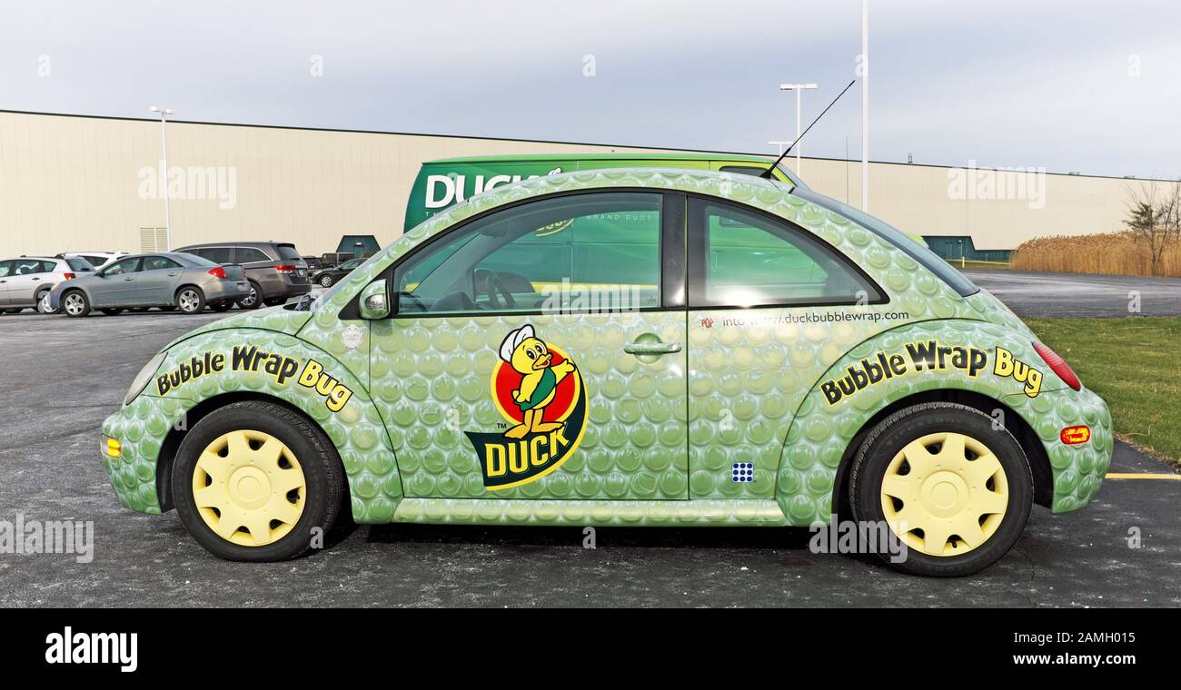 Bubble Wrap Bug, a parked car outside the ShurTech Technologies headquarters in Avon, Ohio displays the Duck Tape company logo on it. Stock Photo