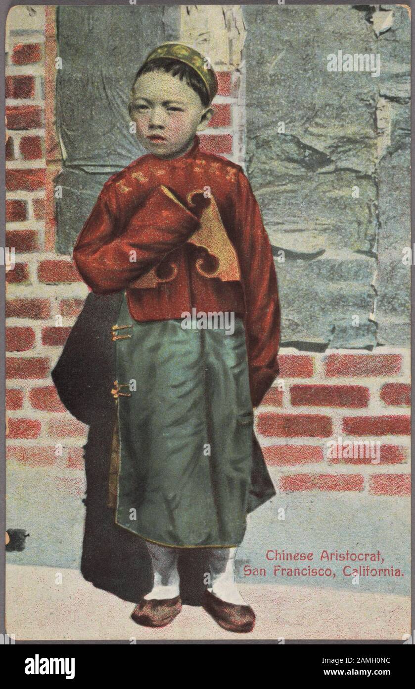 Illustrated postcard of a young Chinese aristocrat, wearing traditional clothing, in Chinatown in San Francisco, California, United States, published by Pacific Novelty Co, 1912. From the New York Public Library. () Stock Photo