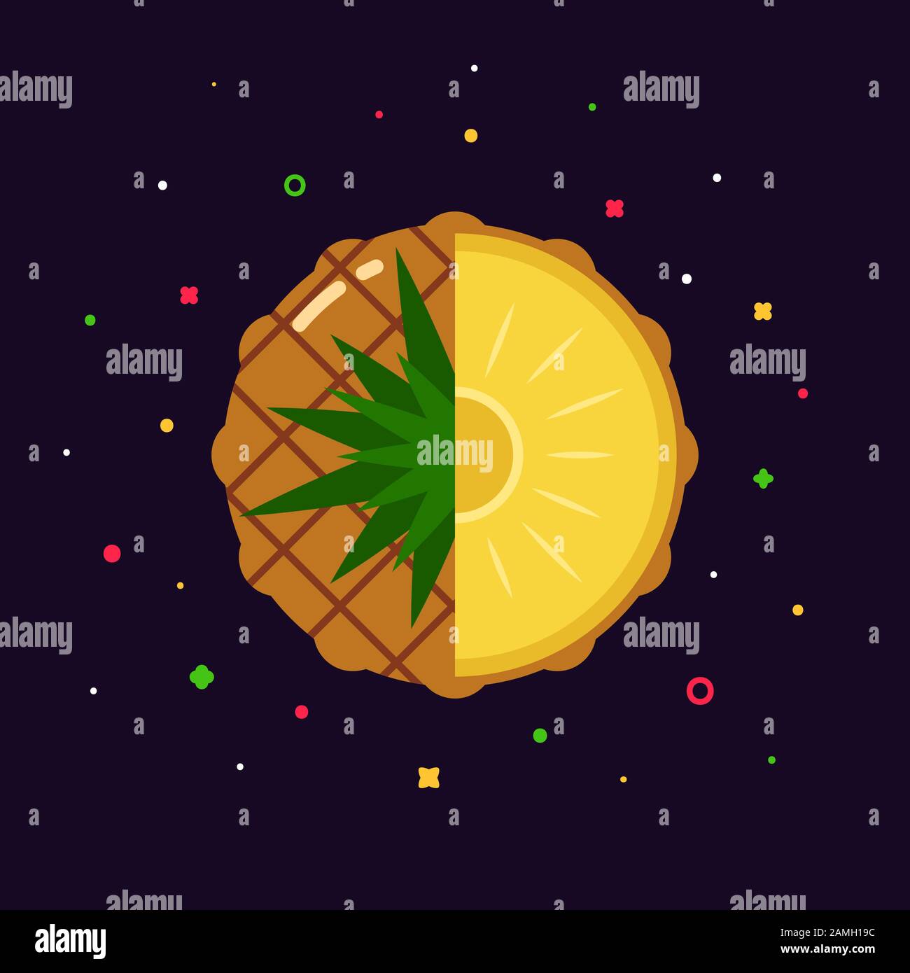 pineapple fruit sphere with half slice on abstract fresh background, flat icon design template logo concept Stock Vector