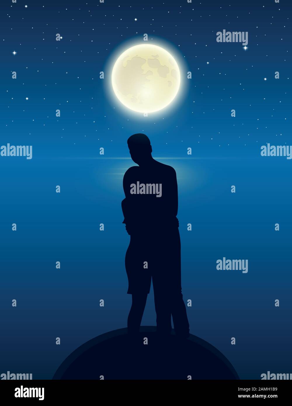 couple by the lake with full moon in a starry night vector illustration ...