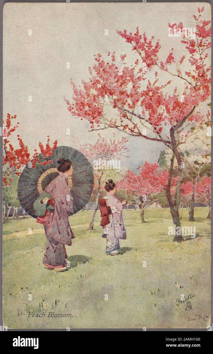 Illustrated postcard of two Japanese women dressed in traditional kimono walking in a peach tree grove admiring the peach blossoms, Japan, by artists Ella Du Cane, published by Raphael Tuck and Sons, 1910. From the New York Public Library. () Stock Photo