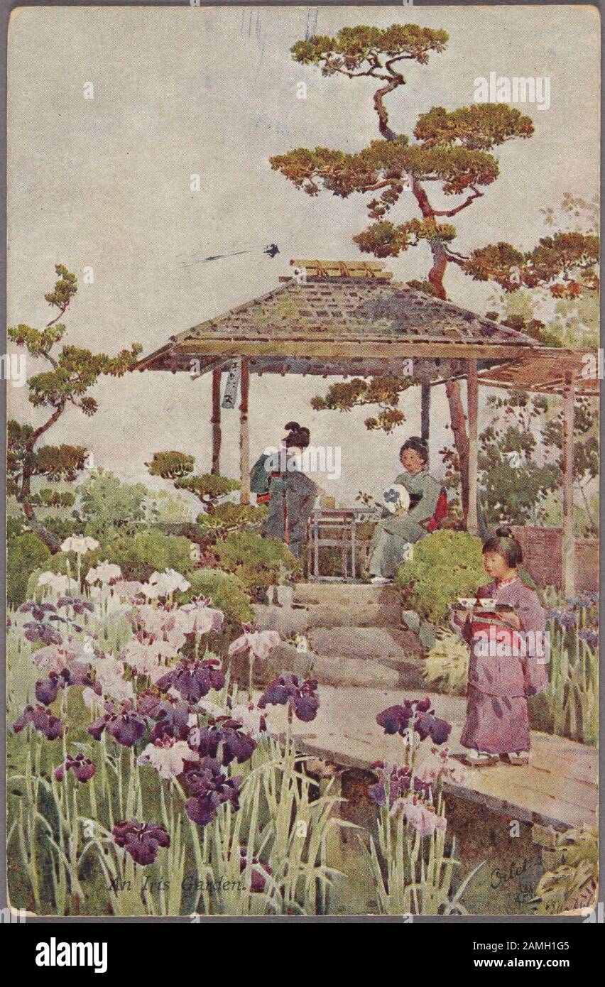 Illustrated postcard of a group of Japanese women preparing for a tea ceremony at Horikiri Shobuen Iris Garden in Tokyo, Japan, by artists Ella Du Cane, published by Raphael Tuck and Sons, 1910. From the New York Public Library. () Stock Photo