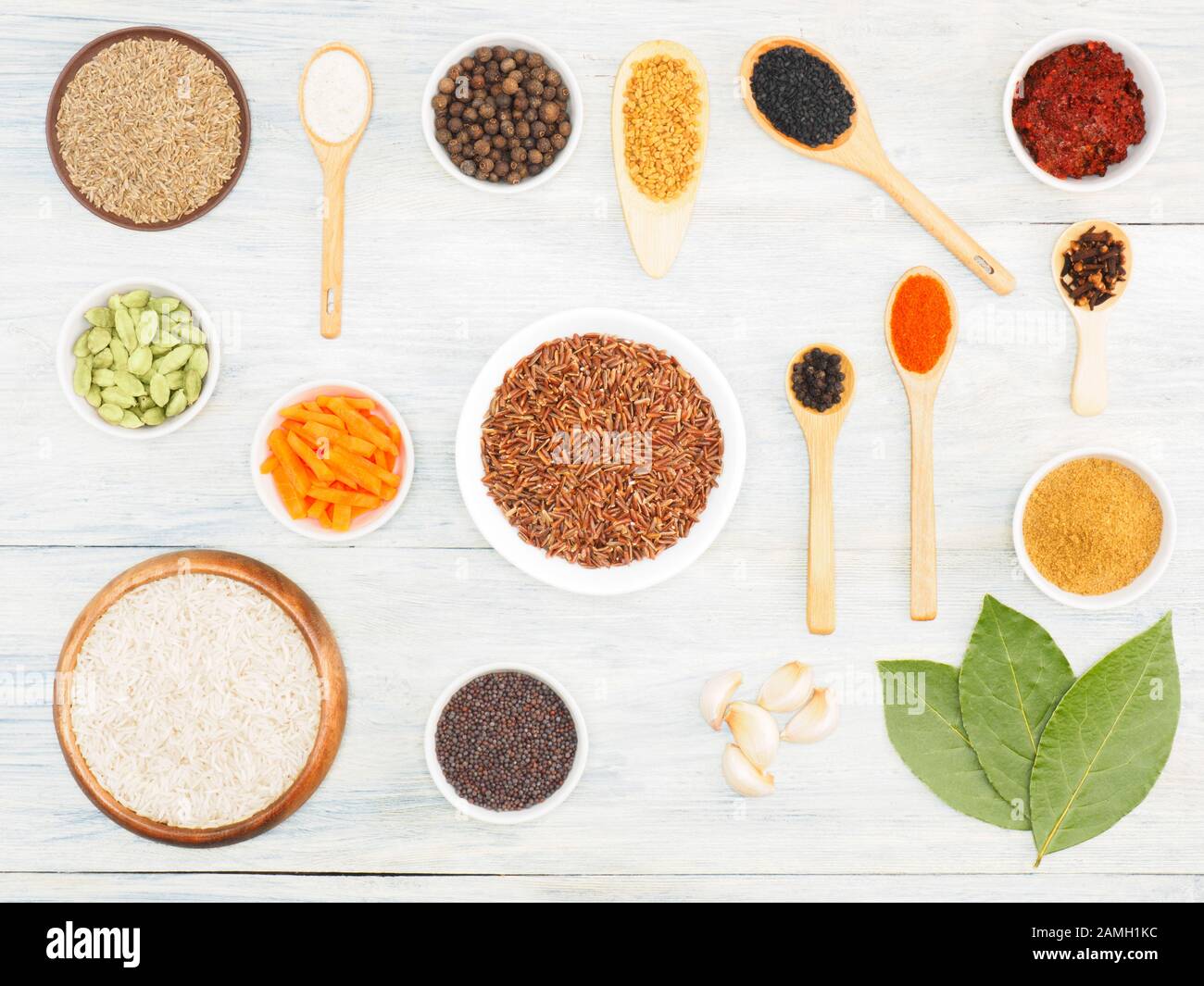 Ingredients for cooking rice salt, allspice, cumin (jeera), chili