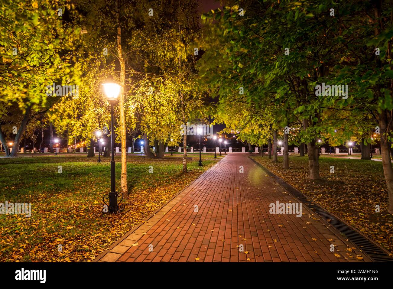 City night park in autumn with paths strewn with fallen yellow leaves ...