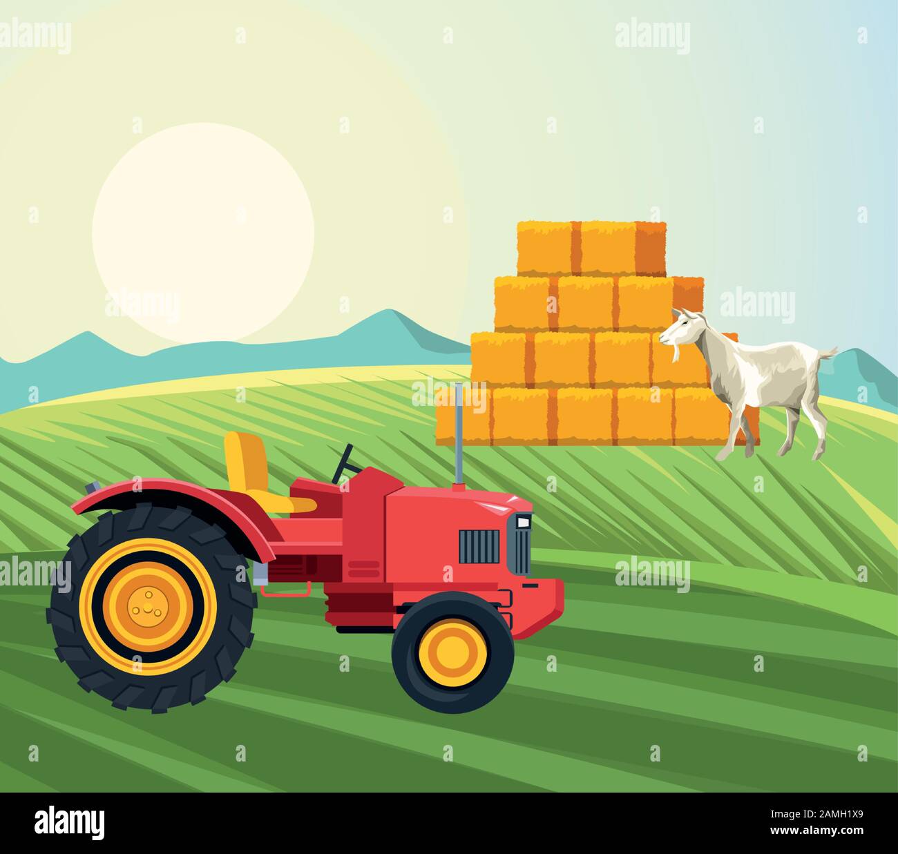 farming goat walking in the field tractor and hay bales Stock Vector ...