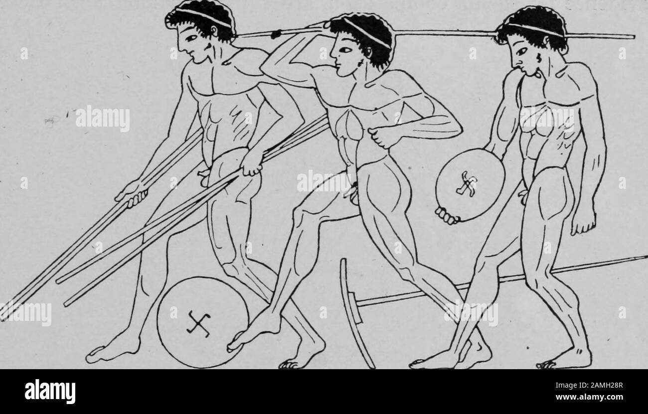 Illustration of javelin throwers participating in a sporting event, such as the Olympic Games, in ancient Greece, 1910. Courtesy Internet Archive. () Stock Photo