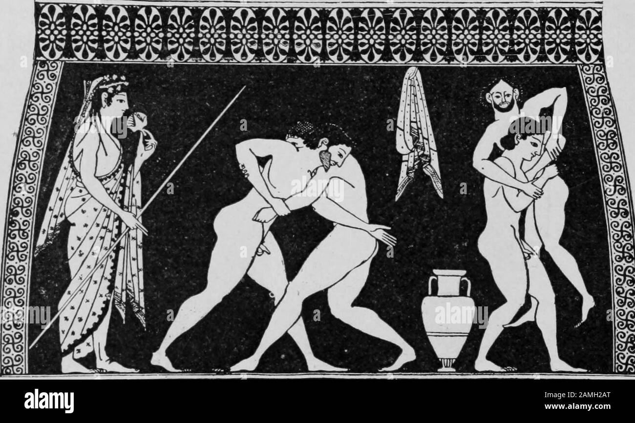 Illustration from ancient Greece of wrestlers participating in a sporting event, such as the Olympic Games, 1910. Courtesy Internet Archive. () Stock Photo