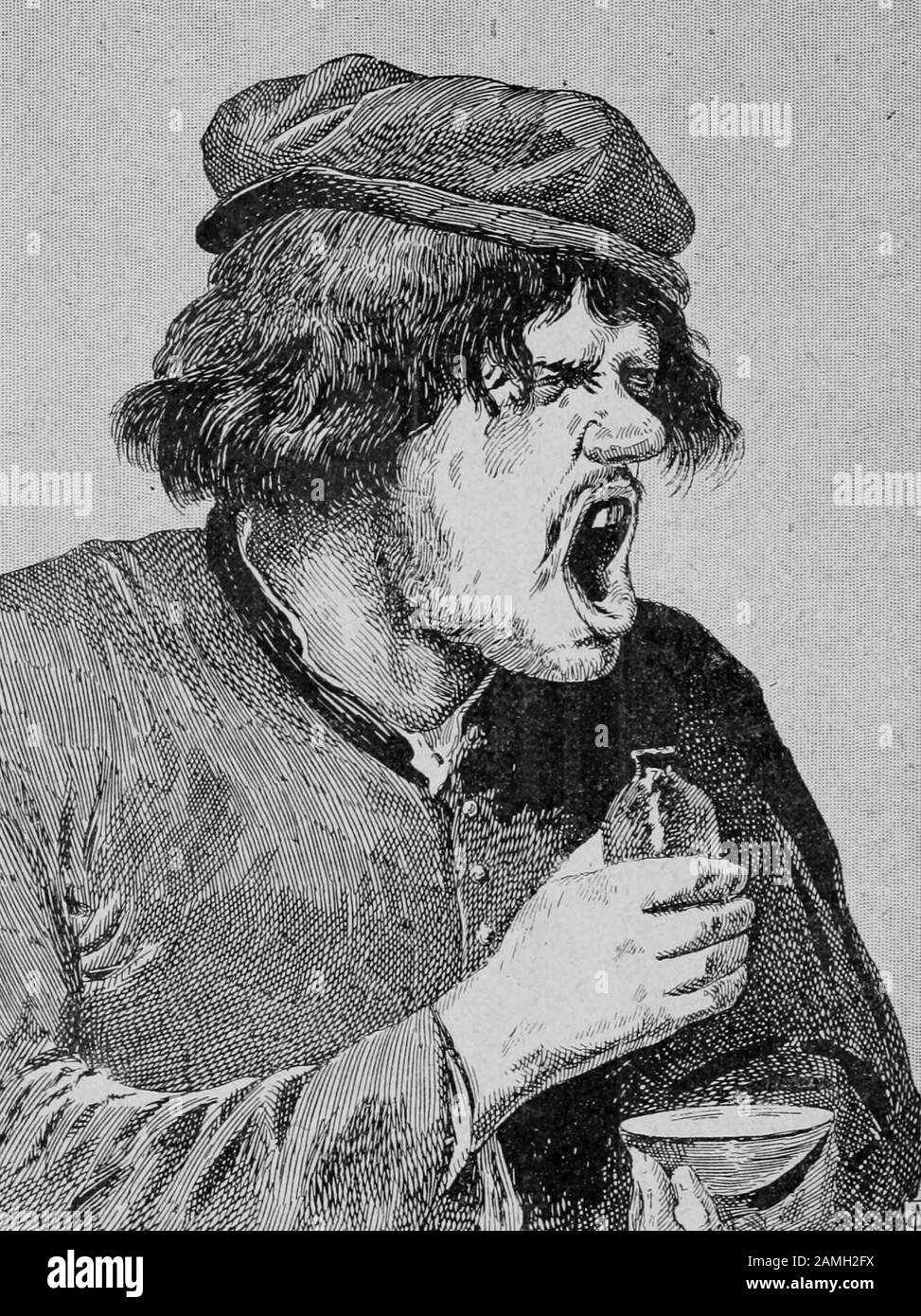 Image of a man grimacing after having tasted a bitter medicine, by painter Adriaen Brouwer, taken from the book 'Curiosites Medico-Artistiques' by author Lucien Nass, published by La Librairie Mondiale, 1907. Courtesy Internet Archive. () Stock Photo