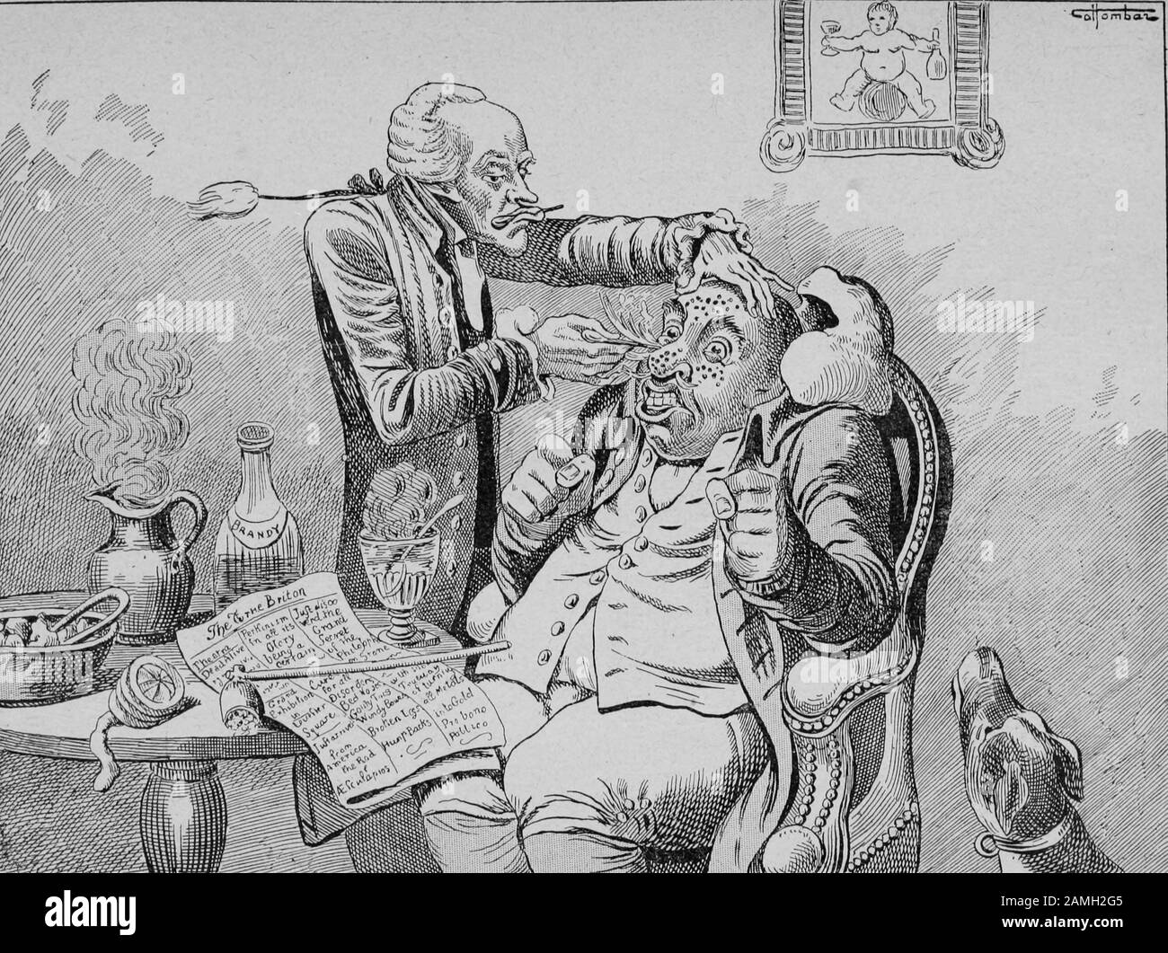 Anti vaccination caricature showing a grotesque doctor vaccinating a patient against smallpox, using a lancet to poke multiple holes in the patient's face, with other quack treatments including a bottle of brandy on a table beside the doctor, suggesting that vaccination is another quack treatment by physicians of the time, United Kingdom, 1907. Courtesy Internet Archive. () Stock Photo