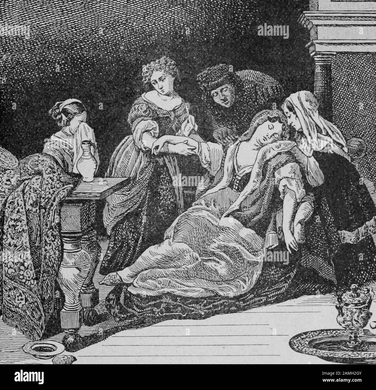 Illustration of a group of people surrounding a woman who has fainted, by Eglon van der Neer, from the book 'Curiosites Medico-Artistiques' by author Lucien Nass, published by La Librairie Mondiale, 1907. Courtesy Internet Archive. () Stock Photo