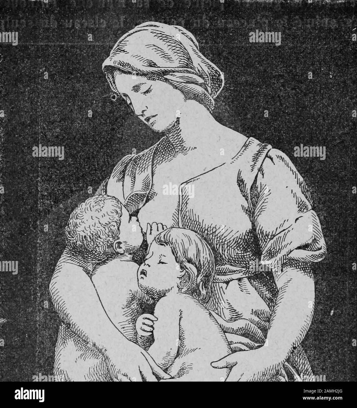 Illustration of the sculpture 'La Charite' by Paul Dubois, featuring a mother holding two children, breastfeeding one, taken from the book 'Curiosites Medico-Artistiques' by author Lucien Nass, published by La Librairie Mondiale, 1907. Courtesy Internet Archive. () Stock Photo