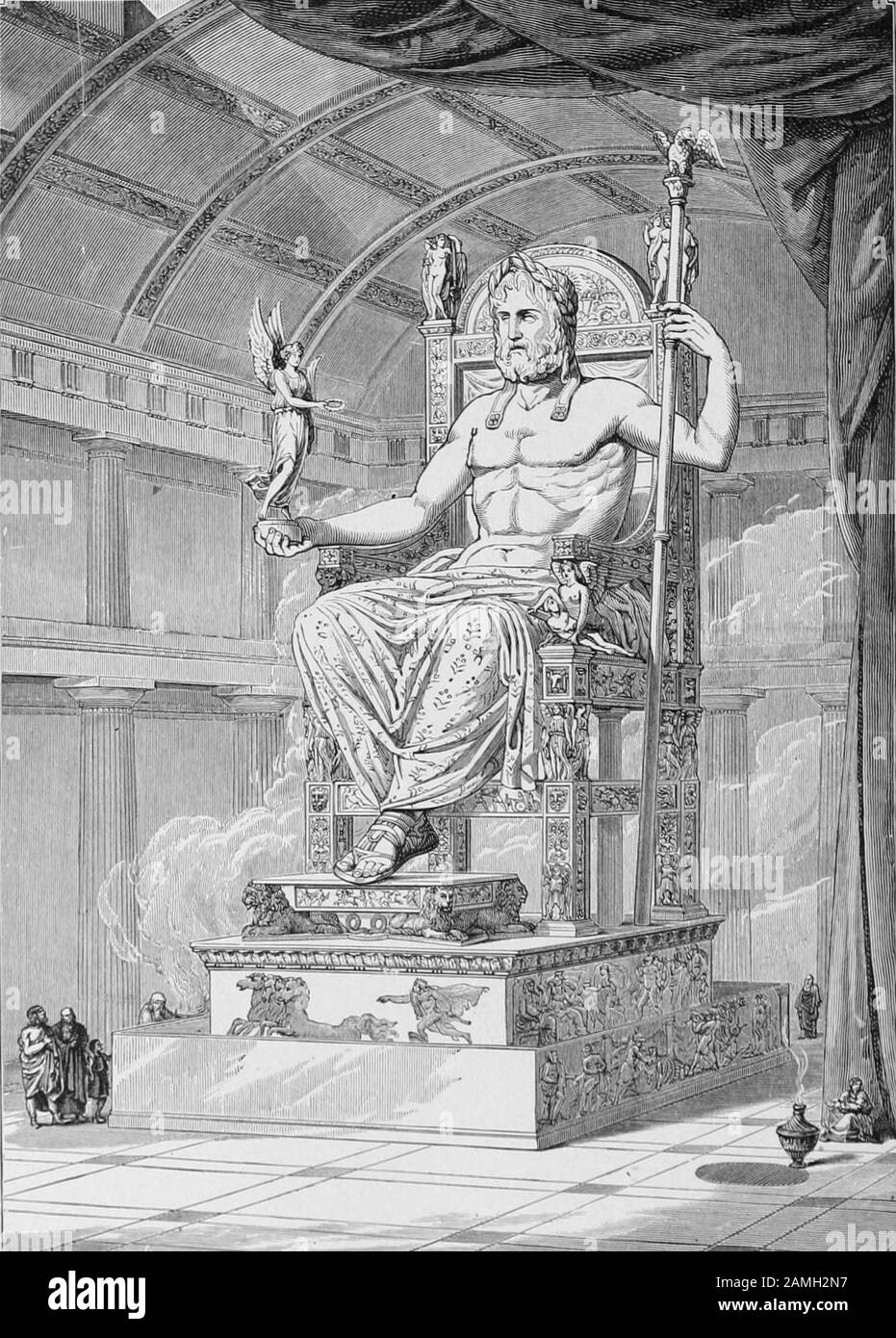 Illustration of a statue of the Greek god Zeus, from the book 'With the  World's People' by author John Clark Ridpath, published by C. E, 1915.  Ridpath. Courtesy Internet Archive Stock Photo -