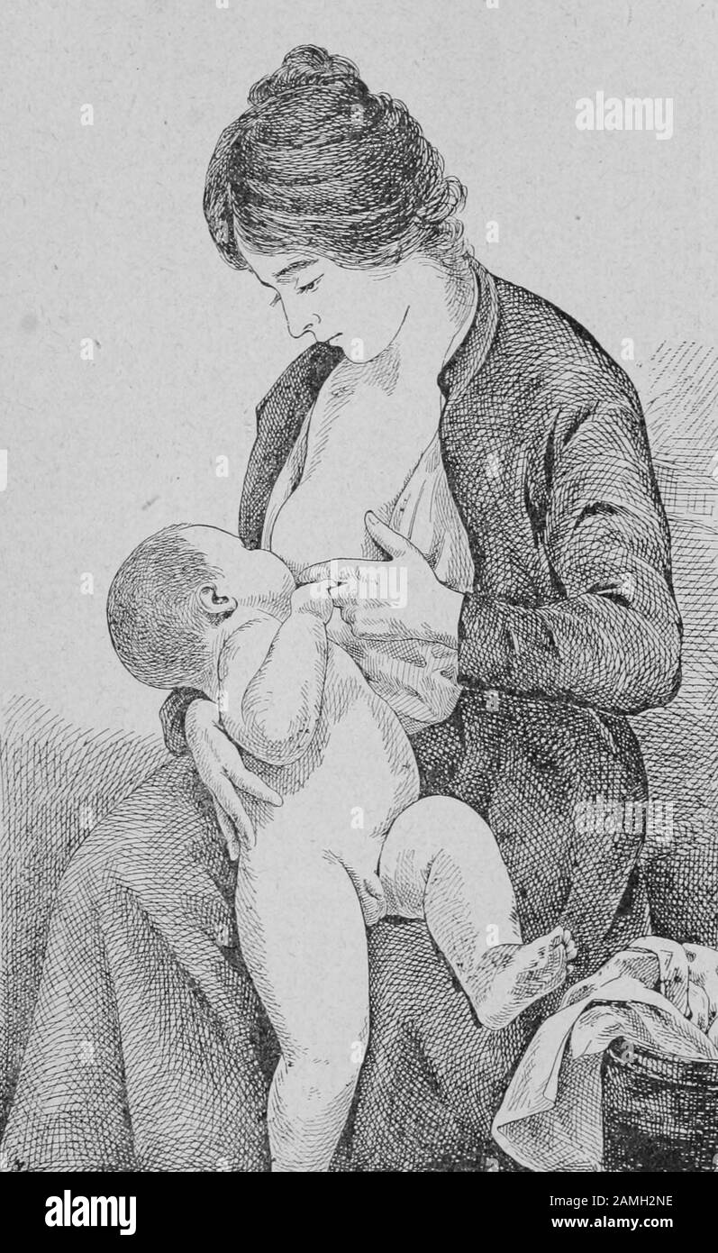 Image of a mother breastfeeding a baby by Henri Gervex, taken from the book 'Curiosites Medico-Artistiques' by author Lucien Nass, published by La Librairie Mondiale, 1907. Courtesy Internet Archive. () Stock Photo