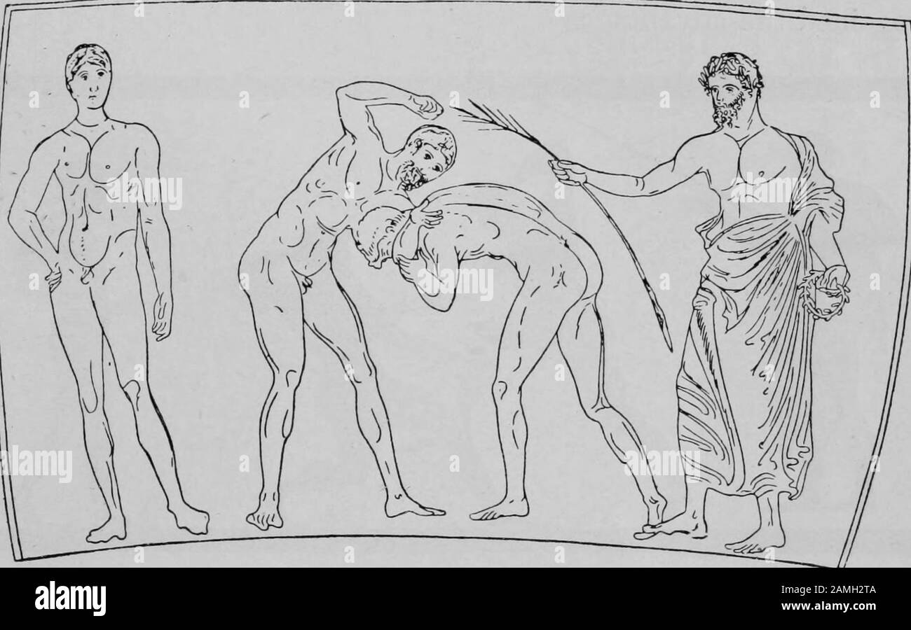 Image featuring Greek men wrestling with a judge looking on, taken from the book 'Greek Athletic Sports and Festivals' by author E. Norman Gardiner, published by Macmillan and Co, 1910. Courtesy Internet Archive. () Stock Photo