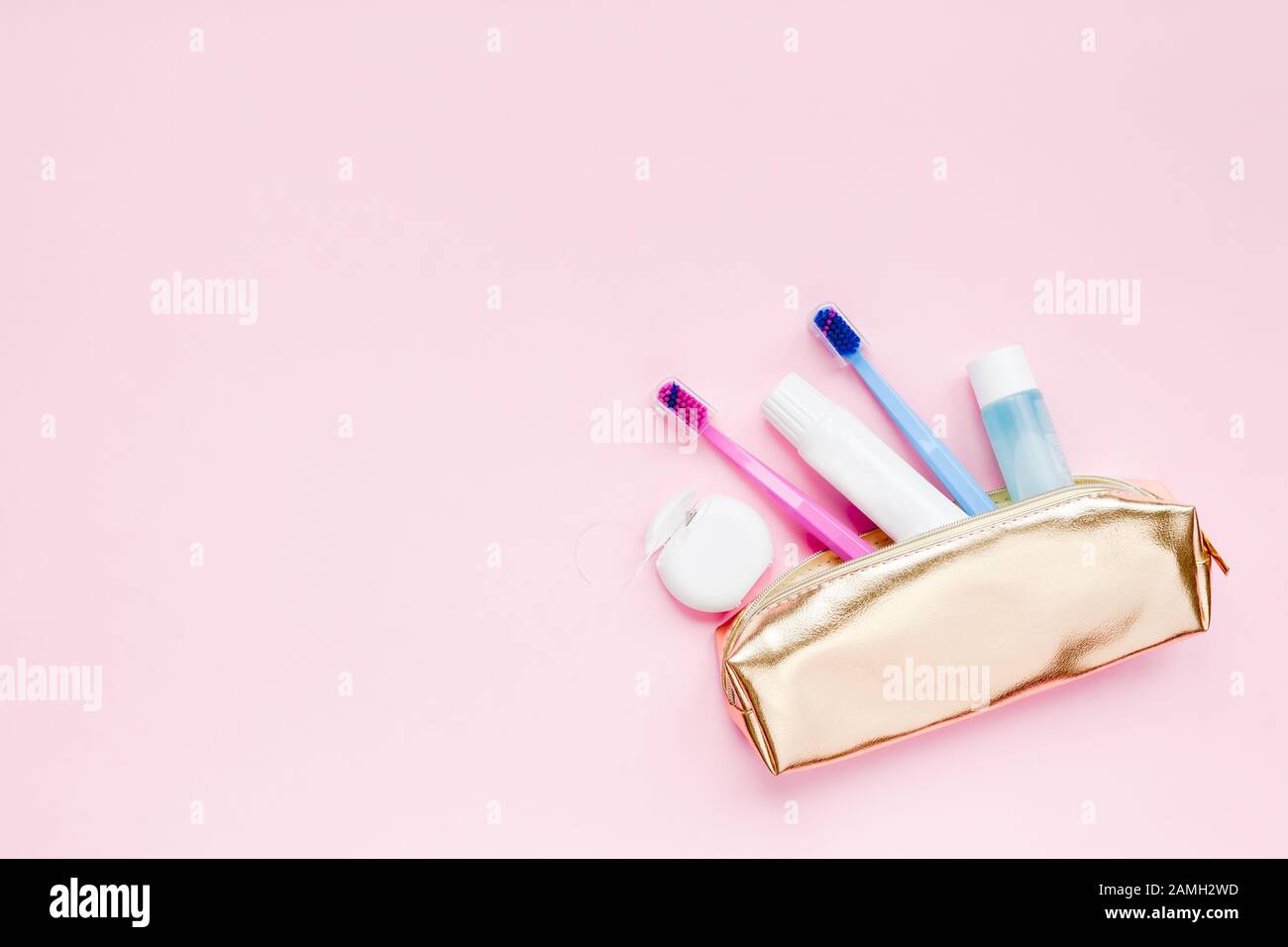 Teeth hygiene and oral dental care products in golden travel cosmetic ...