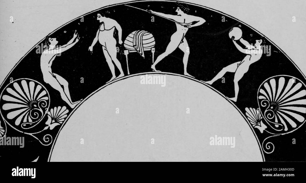 Illustration of four Greek athletes training, from the book 'Greek Athletic Sports and Festivals' by author E. Norman Gardiner, published by Macmillan and Co, 1910. Courtesy Internet Archive. () Stock Photo