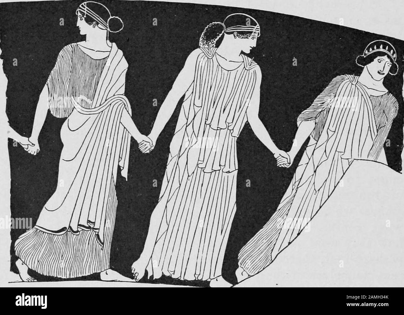 Illustration of ancient Athenian women in tunics, taken from the book 'Life in Ancient Athens' by author TG Tucker, published by Macmillan and Co, 1907. Courtesy Internet Archive. () Stock Photo