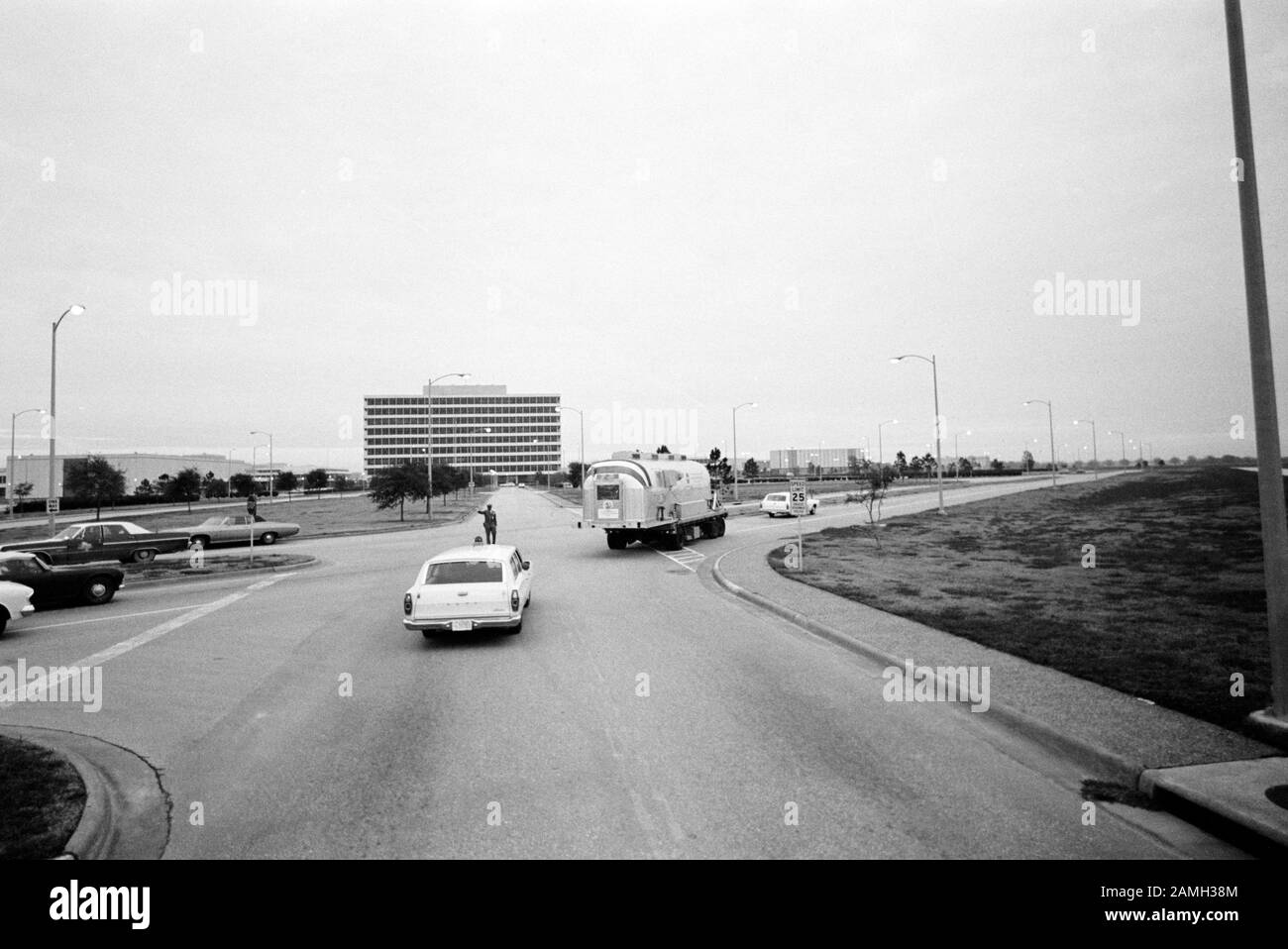 Mobile Quarantine Facility (MQF), with the crew of the Apollo 12 lunar landing mission aboard, arriving at the Manned Spacecraft Center (now Johnson Space Center) in Houston, Texas, United States, November 29, 1969. Image courtesy NASA. () Stock Photo