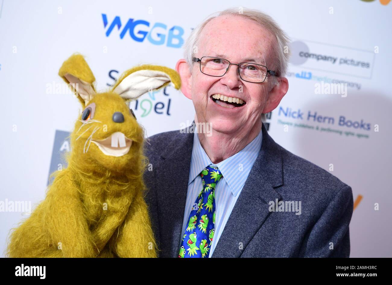 Nigel Plaskitt with Harley Hare arrives at The Writers' Guild Awards 2020 held at the Royal College of Physicians, London. Stock Photo