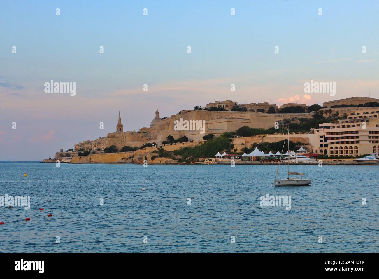 Beautiful View of Valletta at Malta. Photo taken in the evening sun from Ta' Xbiex. Stock Photo