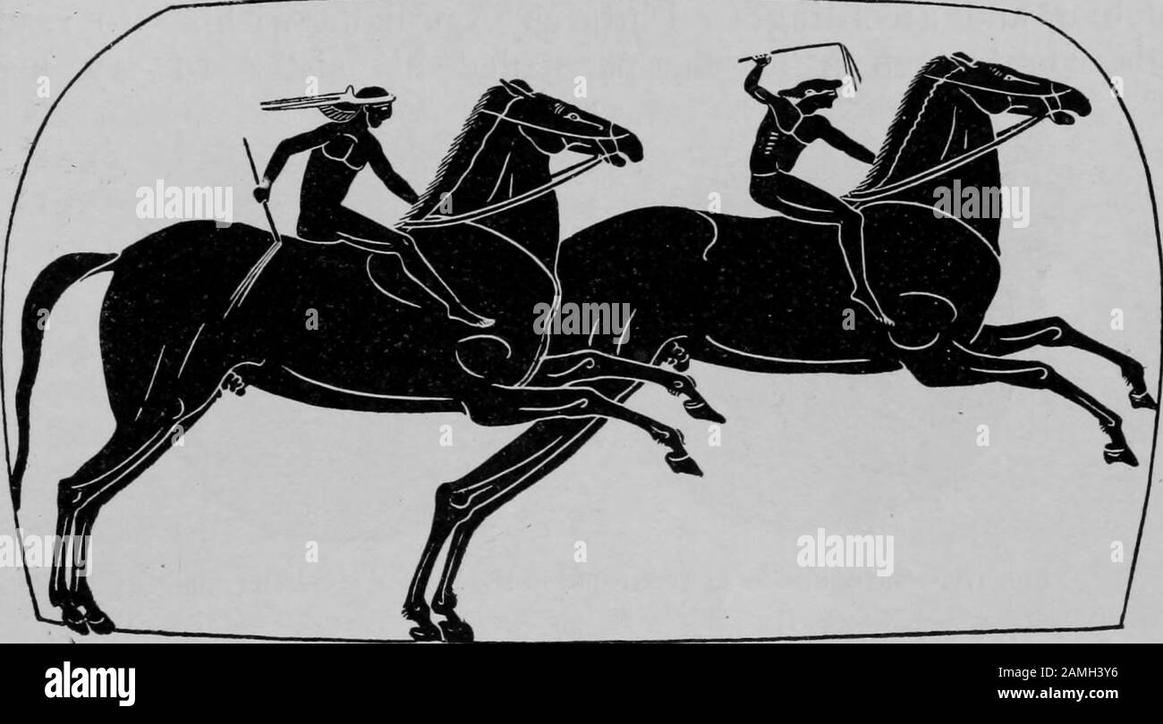Illustration of two Ancient Greek athletes racing horses, from the book 'Greek Athletic Sports and Festivals' by author Norman E. Gardiner, published by Macmillan Co, 1910. Courtesy Internet Archive. () Stock Photo