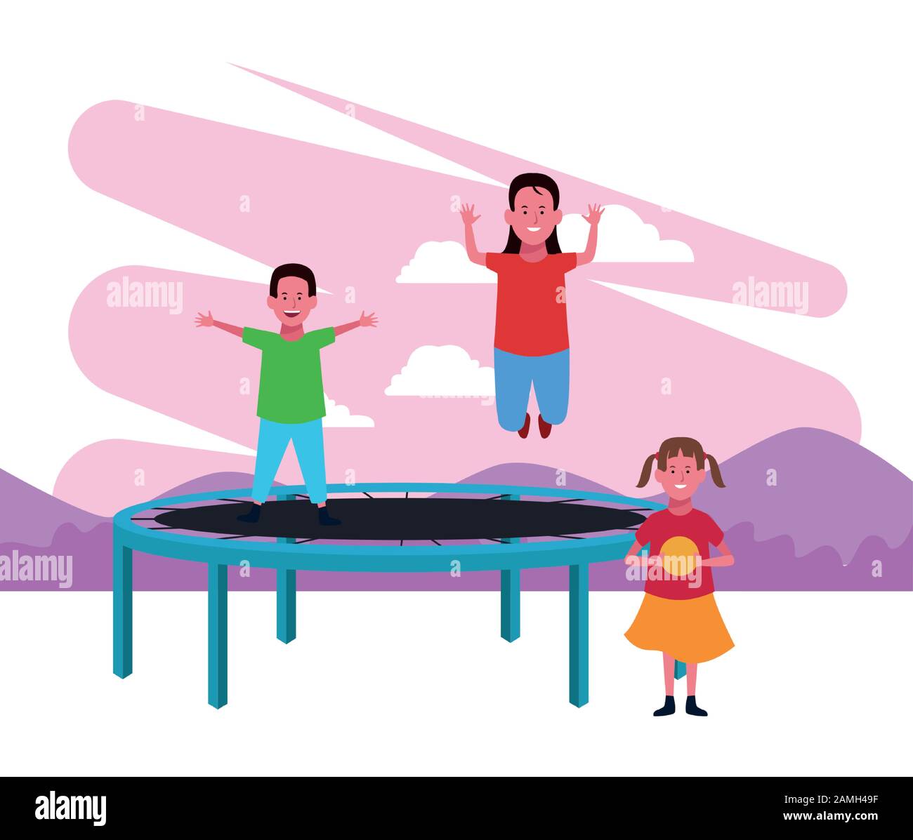 kids zone, boy and girl jumping trampoline and girl with ball food ...