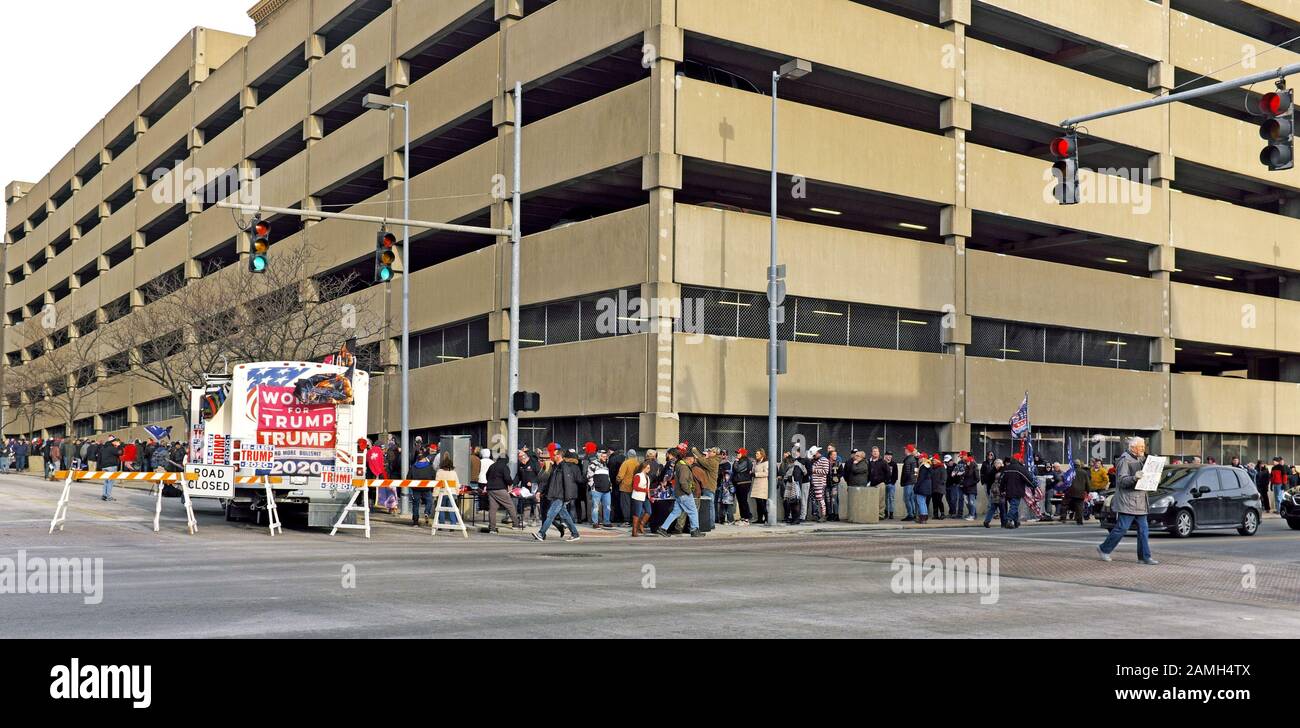 Thousands of Trump supporters lined the streets of downtown Toledo, Ohio, USA to attend the 2020 Trump Re-Election Campaign Rally on January 9, 2020. Stock Photo