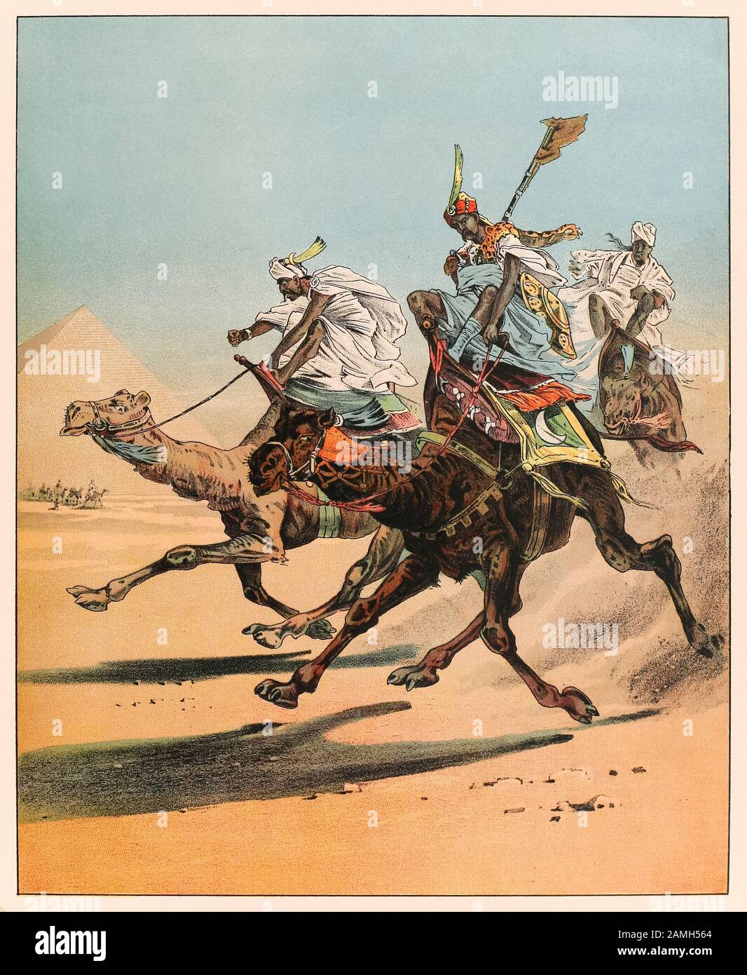Arabs racing camels in Egypt from P.T. Barnum’s Menagerie published in 1888, illustration by Sarah J. Burke. Stock Photo