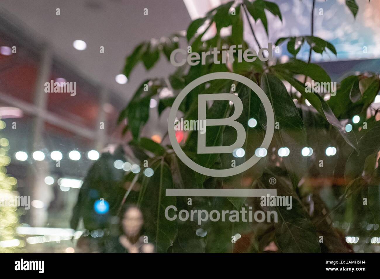 Detail view of B Corp logo during grand opening event at Bamboo Sushi, an environmentally sustainable restaurant in City Center Bishop Ranch, San Ramon, California, December, 2019. Bamboo Sushi was the first restaurant to be certified sustainable by the Green Restaurant Association, and the first restaurant to gain B Corp status. () Stock Photo