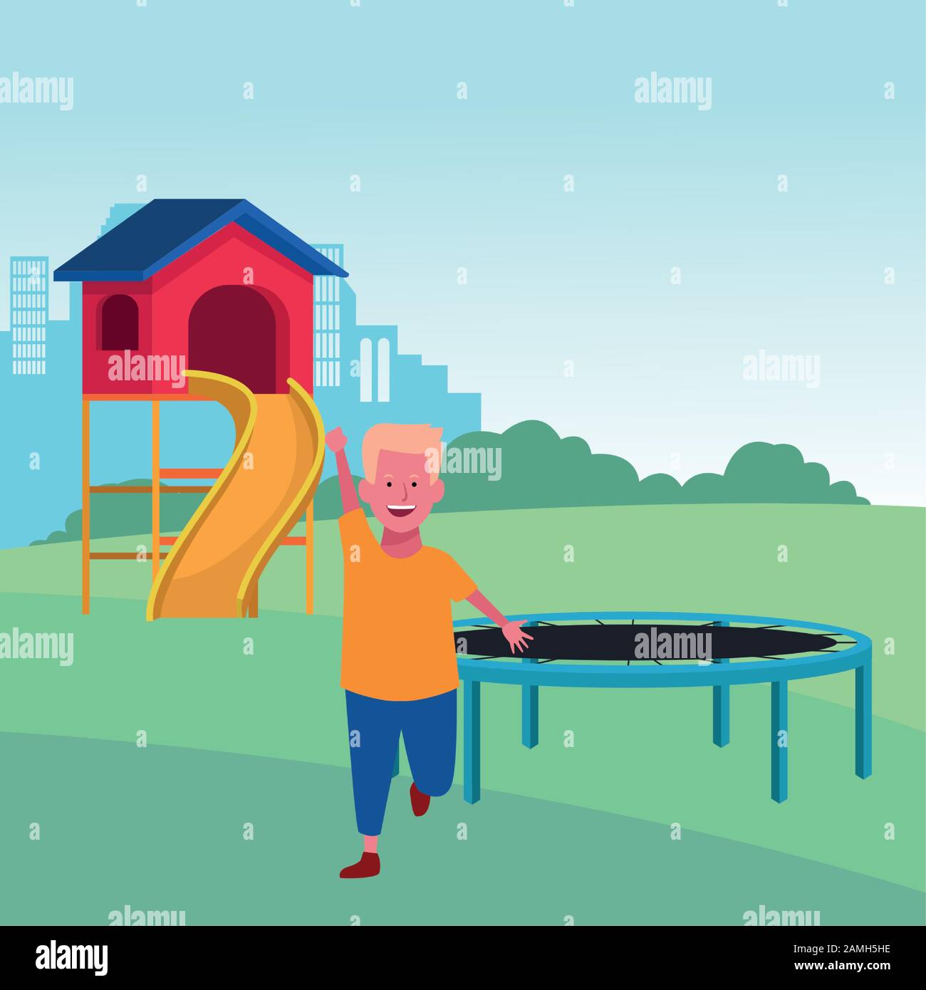 kids zone, cute boy with trampoline and slide playground Stock Vector ...