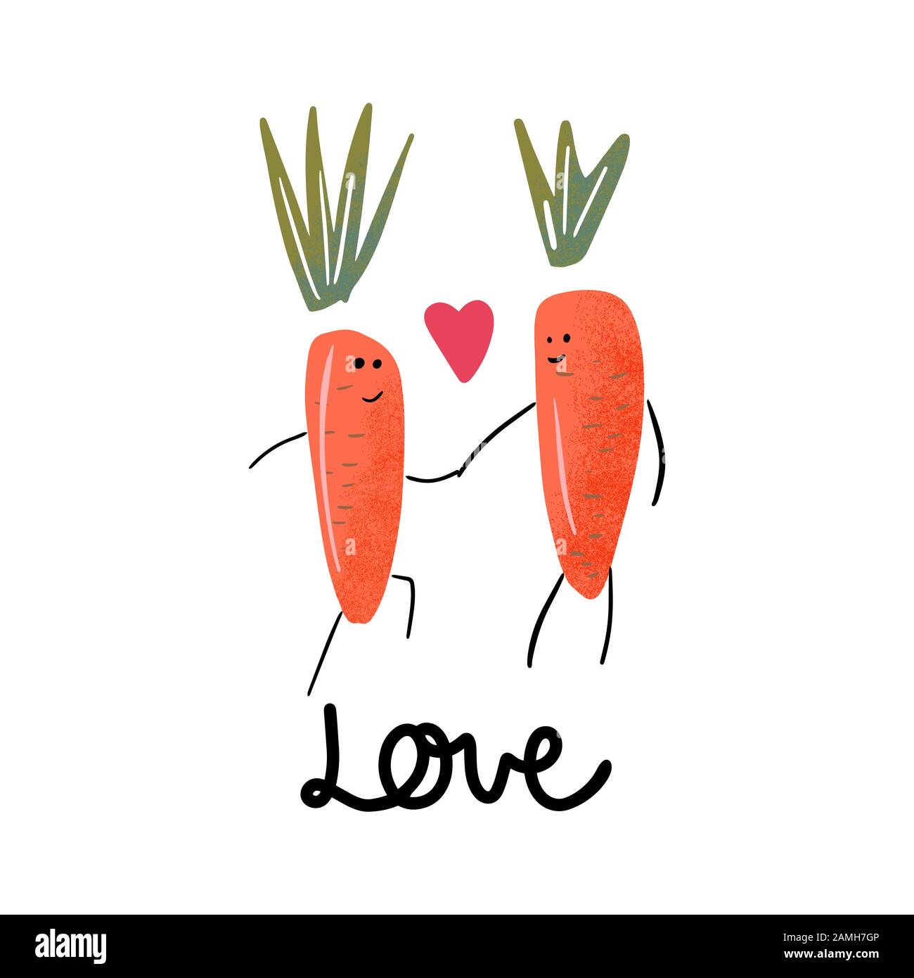 Two orange carrot in love. Valentines day greeting card. Vector illustration EPS 10. Stock Vector