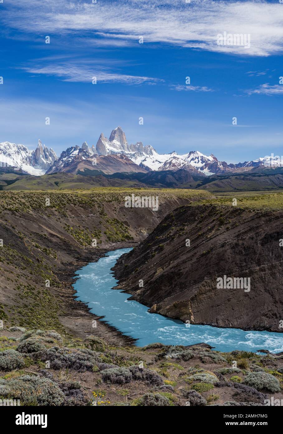 View of Mount Fitz Roy with Cerro Torre behind Las Vueltas river Stock Photo