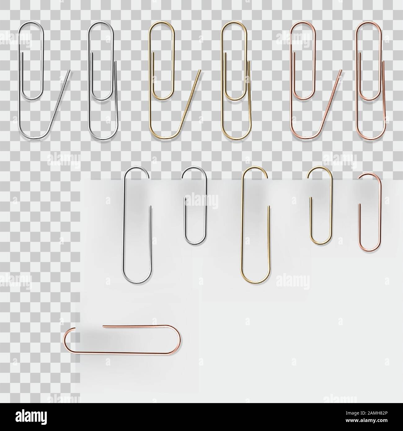 Realistic metal paper clips on paper sheets set. Office or school  stationery vector illustration. Simple steel device for binding documents  together. Mockup template of paper clip attachment Stock Vector