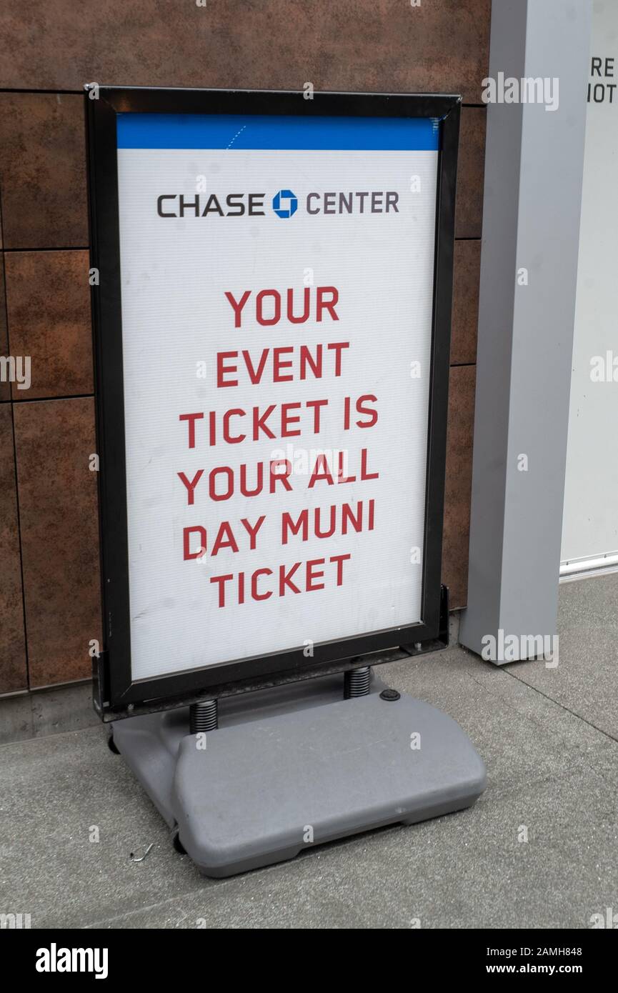 Sign stating that event tickets serve as MUNI transit tickets at Chase Center, the new home of the Golden State Warriors NBA basketball team in the Mission Bay neighborhood of San Francisco, California, December 5, 2019. () Stock Photo