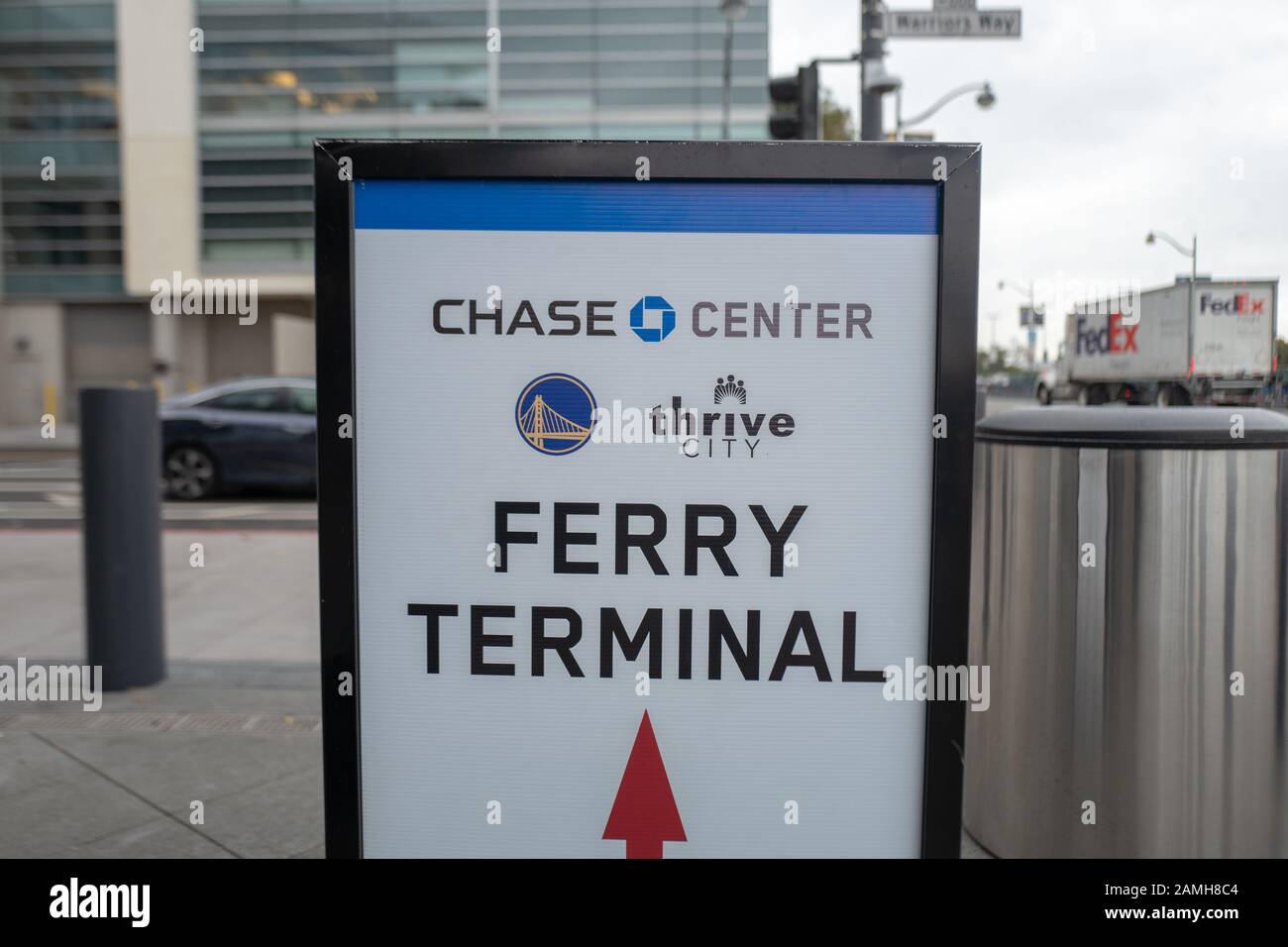 Ferry terminal signage at Chase Center, the new home of the Golden State Warriors NBA basketball team in the Mission Bay neighborhood of San Francisco, California, December 5, 2019. () Stock Photo