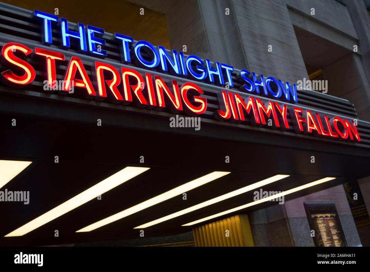 Sign for NBC Studios, The Tonight Show starring Jimmy Fallon at the entrance to NBC Studios, Sixth Avenue, New York City, NY, USA Stock Photo