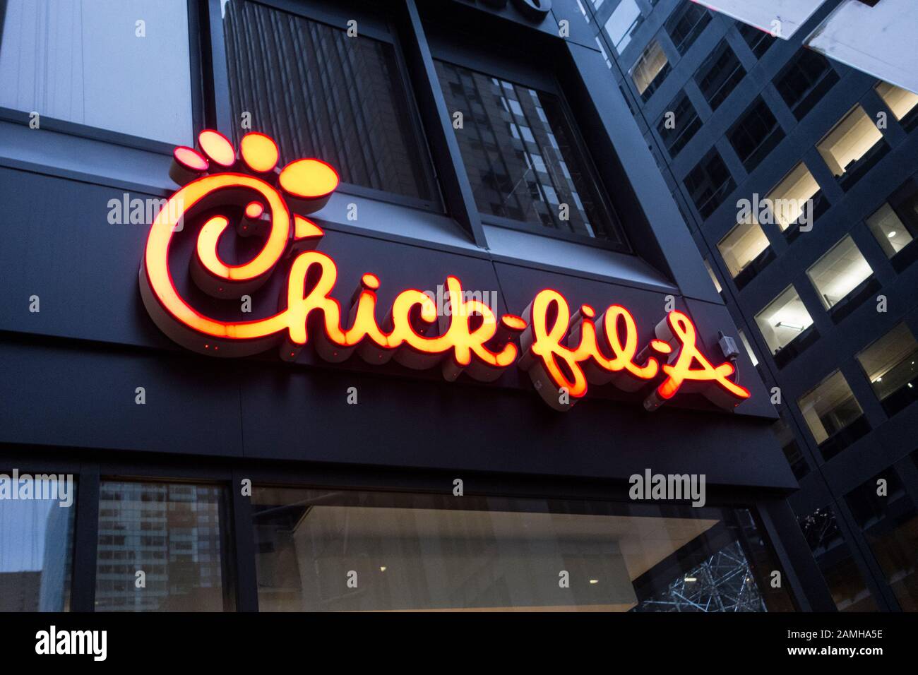 Chick-fil-A sign on Sixth Avenue in midtown Manhattan, New York City, NY, USA Stock Photo