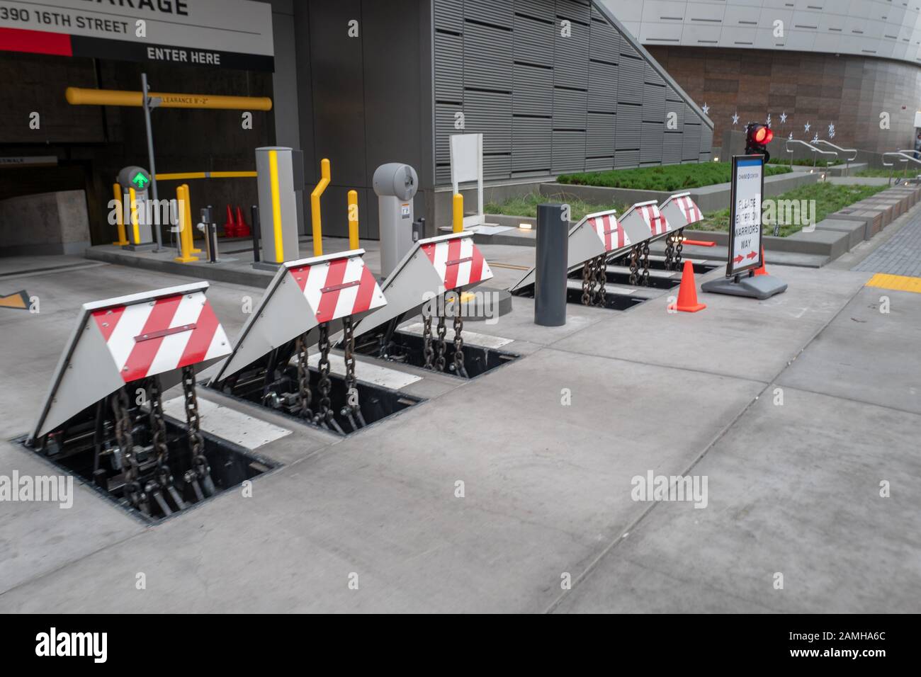 Close-up of high-strength, retractable parking lot barriers, designed to prevent against car bombings or vehicular terror attacks in the Mission Bay neighborhood of San Francisco, California, December 5, 2019. () Stock Photo