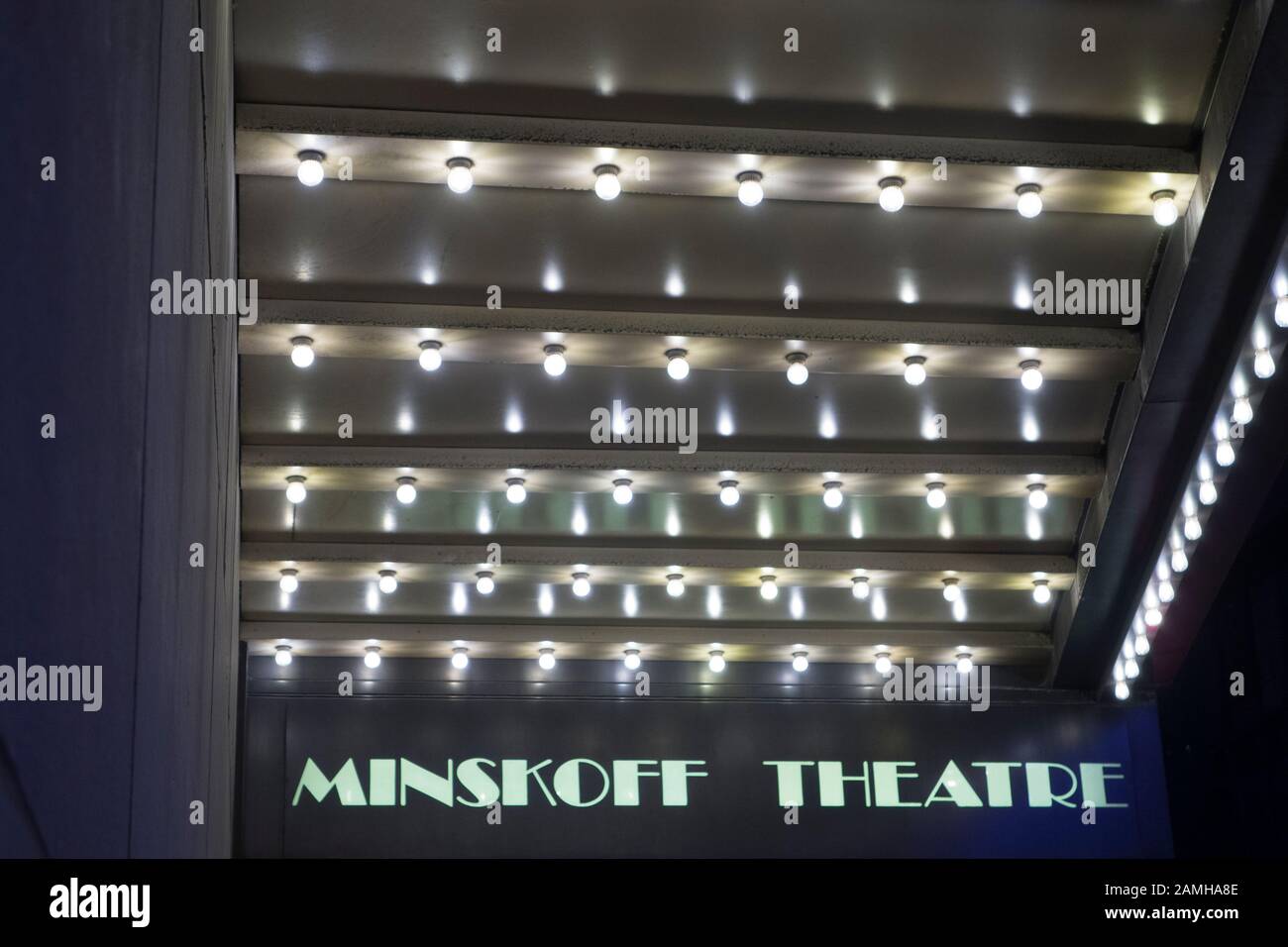Illuminated awning entrance to the Minskoff Theatre, Times Square, New York City, NY, USA Stock Photo