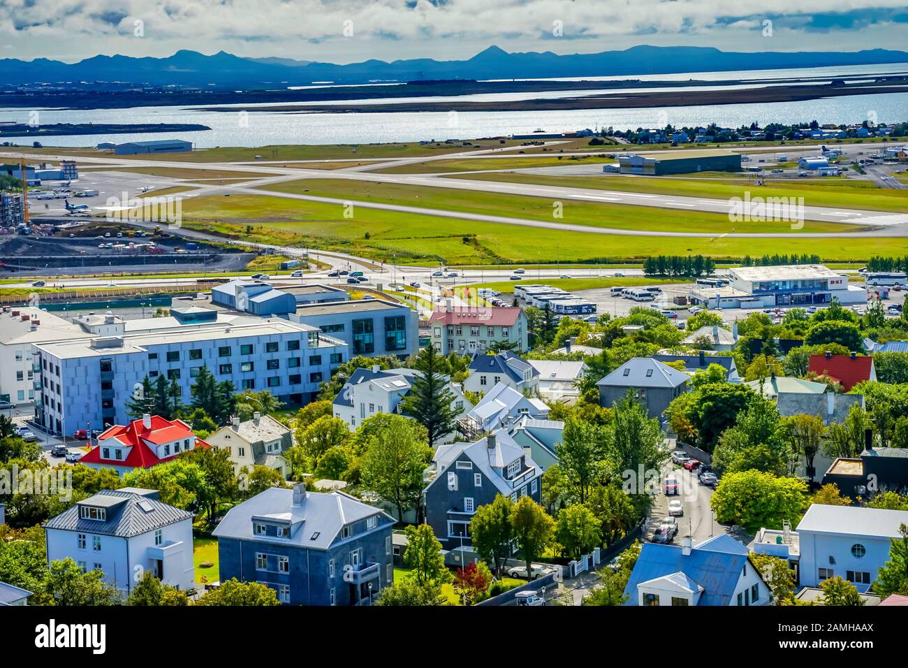 Airport Ocean Colorful Red Blue Houses Cars Streets Reykjavik Iceland Stock Photo